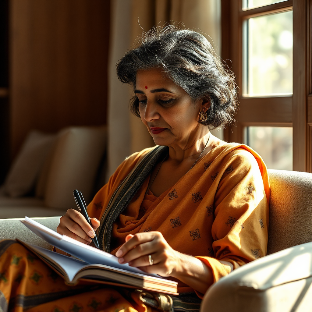 A photorealistic image of an Indian woman, aged 40+, sitting in a comfortable chair with a journal and pen, deep in thought. Sunlight streams in from a nearby window, illuminating her face and creating a sense of introspection. The background is softly blurred, emphasizing her focus. The color palette is warm and inviting, promoting feelings of self-reflection. Technical Specs: 4k resolution, high quality.