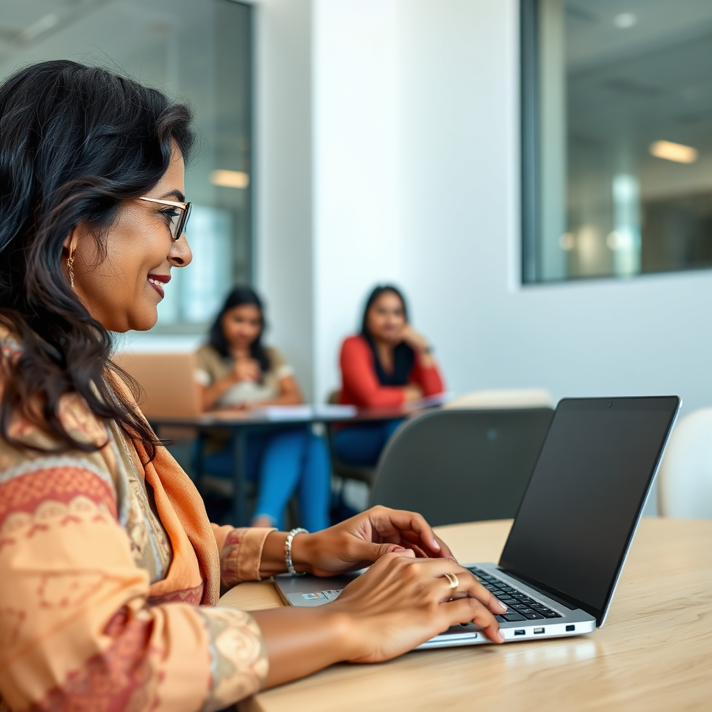 A photorealistic image of an Indian woman, aged 40+, participating in an online webinar on a laptop. The room is well-lit and modern. Other women are seen in the background, also participating in the webinar. The overall image should communicate learning and skill development. Technical Specs: 4k resolution, high quality.