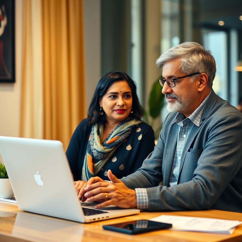 A photorealistic image of N P KISHORE, face-to-face on laptop, coaching an Indian woman in her 40s, discussing financial matters. The environment is warm, supportive, and professional. Technical specs: 4K resolution, high quality.