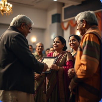 A digital artwork showcasing a diverse group of Indian women, all over 40, supporting and celebrating each other's successes. The image should communicate community, empowerment, and shared journey. Technical Specs: 4k resolution, high quality.
